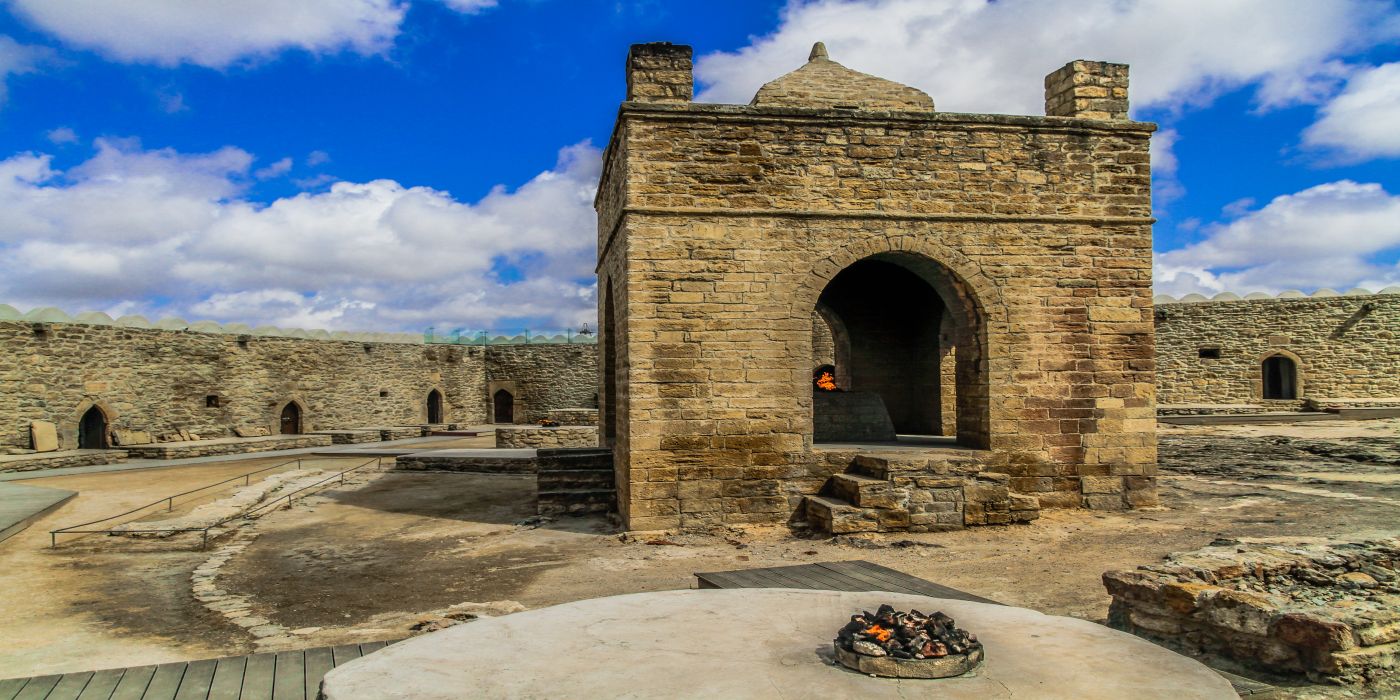 The Ateshgah Fire Temple in Baku, Azerbaijan, a historic complex with a pentagonal courtyard and a central altar.